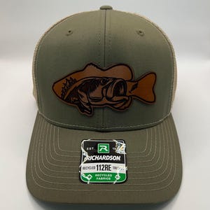 Earth-friendly Fishing Trucker Cap, Bass Silhouette, Laser Engraved Leather Patch