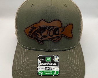 Earth-friendly Fishing Trucker Cap, Bass Silhouette, Laser Engraved Leather Patch