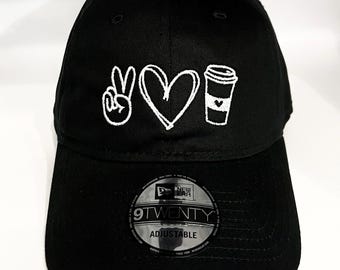 PEACE LOVE COFFEE Symbols Embroidered Cap. Low-profile, Unstructured Fit - 100% Cotton.