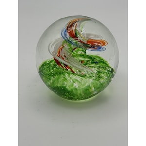 Glass Paperweight with Green Blue White Red Orange Swirl