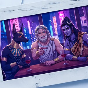 Lofi anime cartoon artwork, Greek Egyptian Hindu mythology, Zeus Anubis Shiva, wallart wallpapers greeting cards