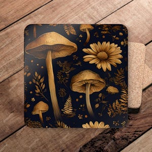 Elegant Nature Mushroom Coaster Set - Boho Nature Art Coasters, Gift for Plant Lovers, Vintage Mushroom Design, Table Accessories