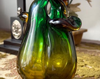 Murano Art Glass Vase Green Amber Flower Bud Hand Blown Italian Vintage Decor