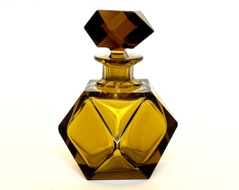 Amber Cut Glass Perfume Bottle Faceted Stopper Heavy Crystal Vintage Flacon