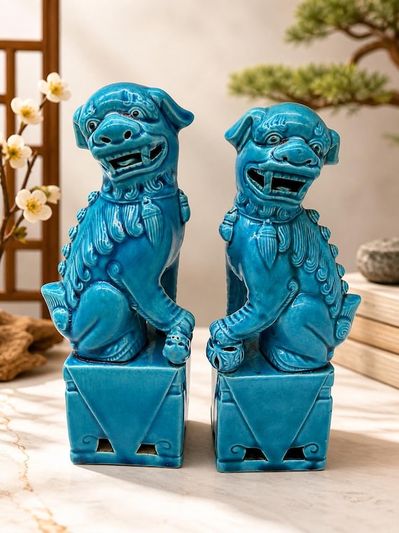 Chinese Foo Dogs Pair Turquoise Glazed Porcelain Vintage Guardian Lions Decor