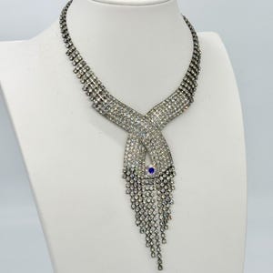 Aurora Borealis Fringe Necklace Rhinestone Vintage 50s 60s Sparkling Statement