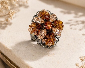 Amber Crystal Cluster Ring Adjustable Vintage Retro Bold Statement Jewelry