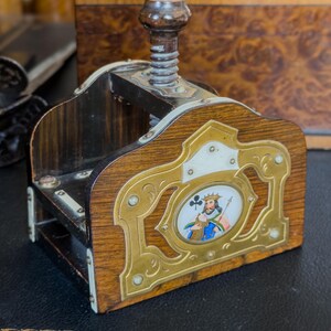 Antique Playing Card Holder | Victorian Era | Wood, Brass, Hand-Painted Miniatures