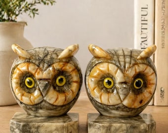 May include: Pair of owl-shaped bookends. Each owl is carved from stone, featuring a detailed design with yellow eyes and a patterned, gray and beige body. They sit on matching hexagonal bases, adding a touch of nature-inspired decor.