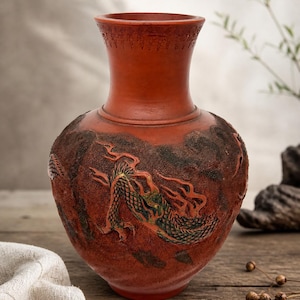 Jarrón japonés con dragón, gran pieza de cerámica de terracota firmada, 美峰作 Japandi Wabi Sabi Decor