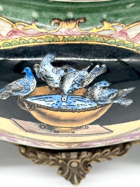 Wong Lee Porcelain Casket Bronze Swan Lid Vintage WL 1895 Mark