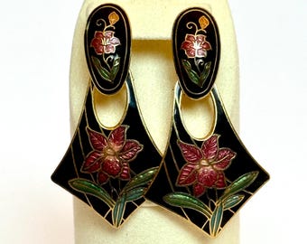 Kolczyki z emalii Cloisonné w stylu vintage z motywem kwiatowym, czarna emalia, ok. 1980–1990