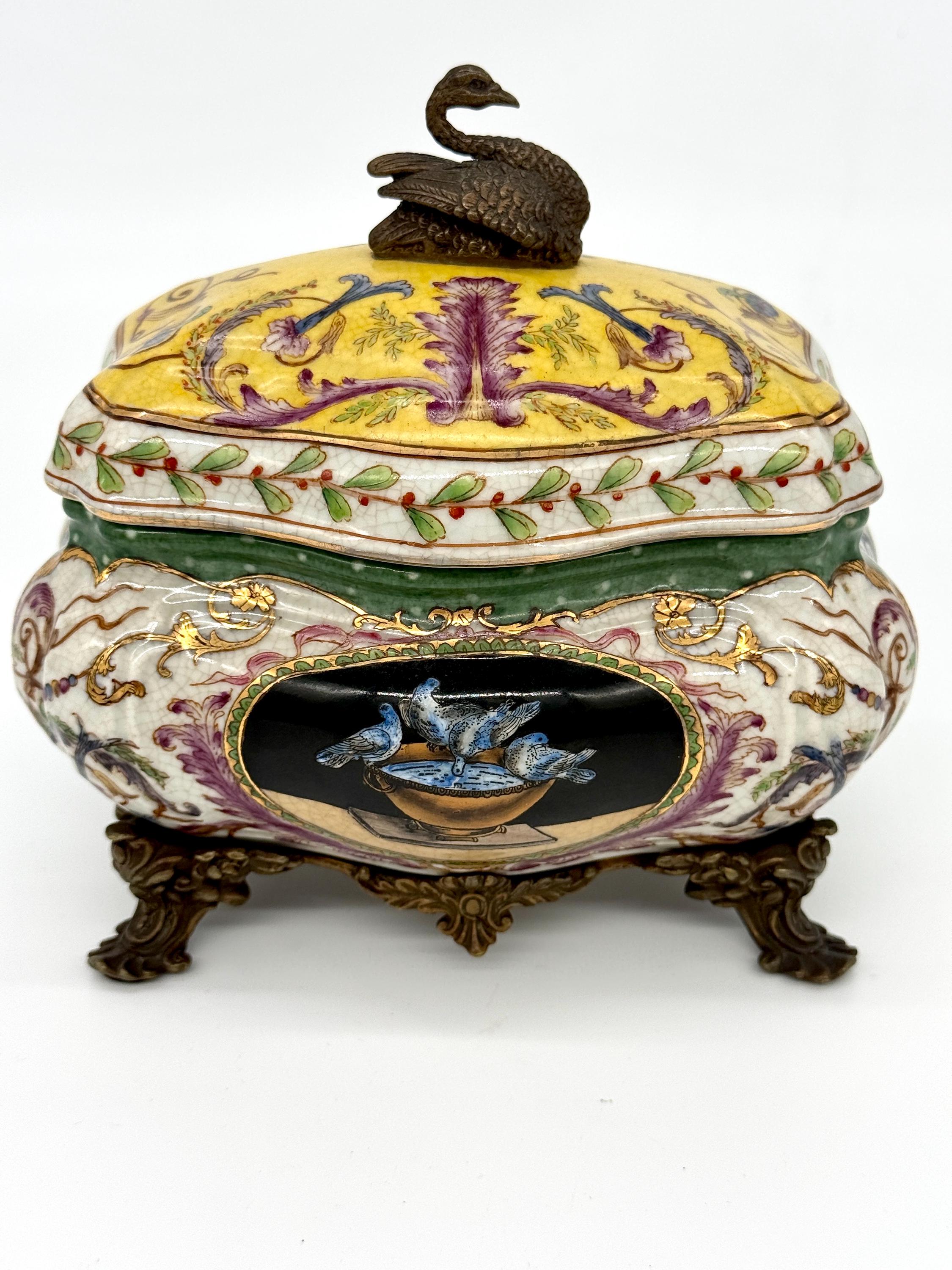Wong Lee Porcelain Casket Bronze Swan Lid Vintage WL 1895 Mark