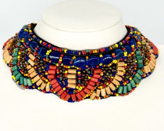 Boho Beaded Collar Necklace Tribal Bib Choker Colorful Handmade Vintage Statement
