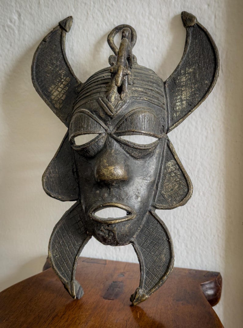 Handcrafted African bronze mask tribal wall decor vintage lost-wax art