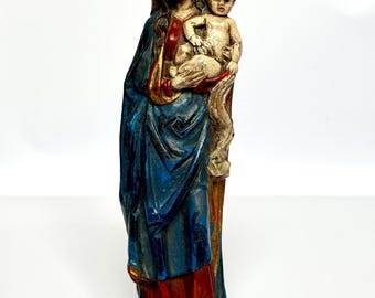 Vintage polykrom trästaty av madonna och barn – handskuren katolsk figurin från 1930-talet