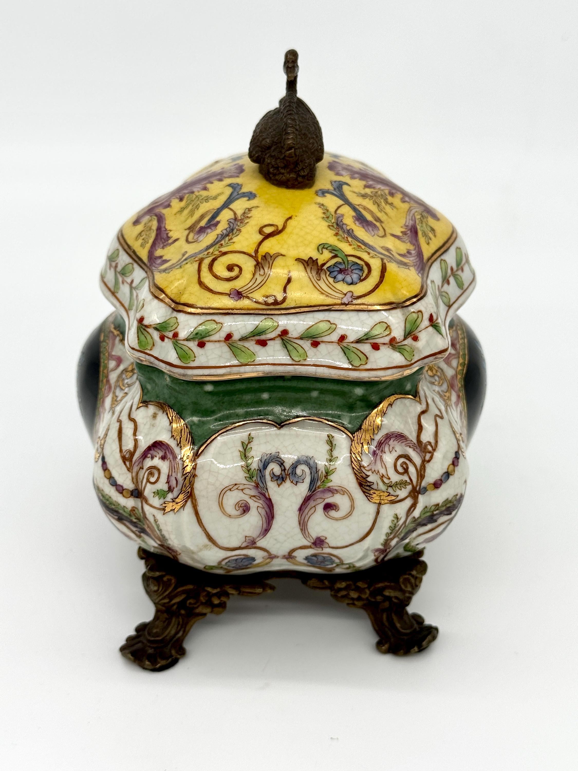 Wong Lee Porcelain Casket Bronze Swan Lid Vintage WL 1895 Mark