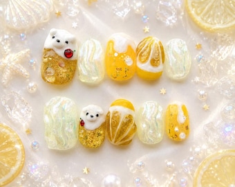 3D Polar Bear Lemon Soda Press On Nails | Kawaii Handmade Nail Chips | Sparkling Summer Fizzy Drink | Japan Cute Bear Nail Art