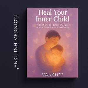 Puede incluir: Portada de libro con el título "Heal Your Inner Child" en texto blanco sobre fondo morado. La portada presenta una ilustración de un adulto y un niño abrazándose. El nombre del autor, VANSHEE, está en la parte inferior.