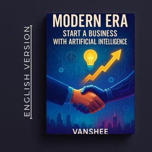 May include: Book cover titled "Modern Era: Start a Business with Artificial Intelligence" featuring a handshake between a human and a robotic arm, with a lightbulb and an upward arrow. The author's name, Vanshee, is at the bottom.