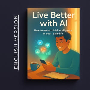 Puede incluir: Portada del libro titulada "Live Better with AI" con el subtítulo "How to use artificial intelligence in your daily life". La portada presenta una ilustración de una persona sonriente usando un teléfono inteligente, con una taza de café y un libro abierto sobre la mesa.
