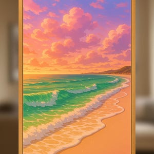 Anime Ocean Sunset Wall Art – Green Sea Beach Poster – Pastel Coastal Digital Download