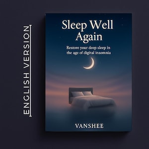 Op de afbeelding: Boekomslag met een donkerblauwe achtergrond. De titel "Sleep Well Again" wordt weergegeven, samen met de naam van de auteur, Vanshee. De omslag toont een halve maan, een bed en de tekst "Restore your deep sleep in the age of digital insomnia."