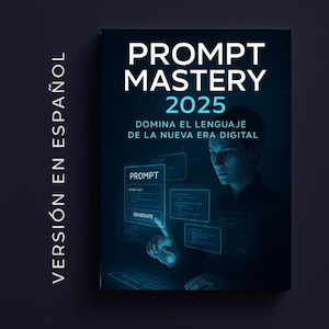 Pode incluir: Capa de livro com o título "PROMPT MASTERY 2025" em letras brancas. A capa apresenta um design futurista com uma pessoa interagindo com prompts digitais. O texto "DOMINA EL LENGUAJE DE LA NUEVA ERA DIGITAL" também é visível.