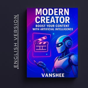 Op de afbeelding: Een boekomslag met een futuristisch thema. De titel "MODERN CREATOR" staat in het wit, boven de slogan "BOOST YOUR CONTENT WITH ARTIFICIAL INTELLIGENCE". Rechts is een robotillustratie en in het midden een filmklapper-icoon. De naam van de auteur, "VANSHEE", staat onderaan.