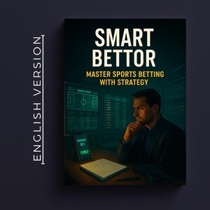 Puede incluir: Portada de libro con el título "SMART BETTOR" en letras blancas. Debajo, se lee "MASTER SPORTS BETTING WITH STRATEGY". Una ilustración muestra a un hombre mirando una pantalla con datos deportivos, un teléfono con un mensaje "WINNING BET" y un bloc de notas.