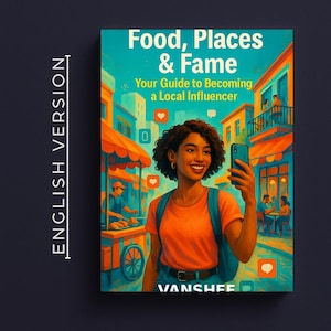 May include: Book cover titled "Food, Places & Fame: Your Guide to Becoming a Local Influencer." The cover features a smiling person taking a selfie with a smartphone, set against a colorful street scene with food stalls and restaurants.