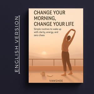 Puede incluir: Portada de libro con el título "CHANGE YOUR MORNING, CHANGE YOUR LIFE" y el texto "Rutinas sencillas para despertar con claridad, energía y cero caos." Una ilustración muestra a una persona estirándose en una azotea al amanecer. Una taza y un teléfono también están en la azotea.