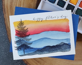 Joyeuse fête des pères, arbre et montagnes, carte imprimée en typographie.  Carte de fête des pères parfaite