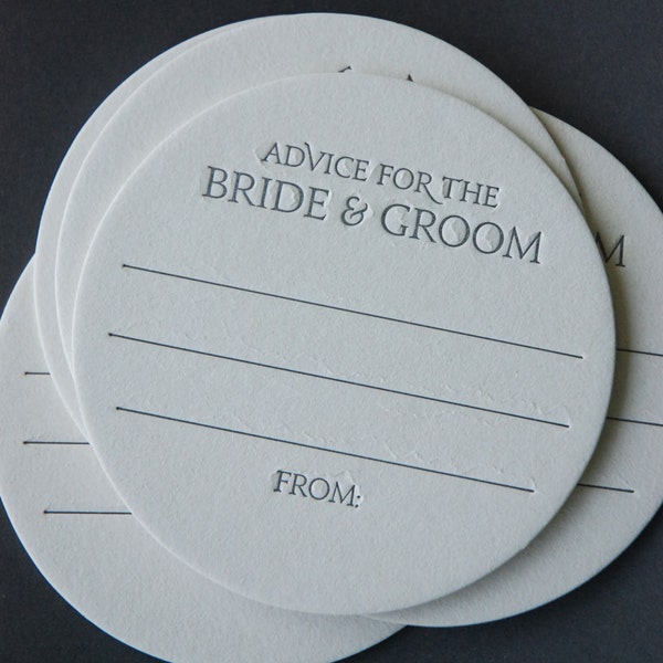 20 Advice for the BRIDE & GROOM Coasters, modern design (Letterpress printed, 3.5 inches circle), perfect for weddings