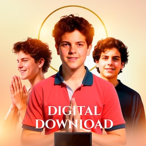 Pode incluir: Gráfico de download digital com três jovens, um laptop, uma câmera e um controle de jogo. O texto "DIGITAL DOWNLOAD" é exibido. A imagem também inclui o texto "CARLO Acutis" e um selo "4K".