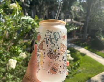 Wizard 16oz Frosted Libbey Glass Can with Bamboo Lid and Straw, Wizard Coffee Glass, Gift for Her