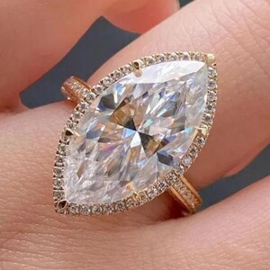 2.5 CT Marquise Cut Moissanite Engagement Ring: 14K Gold Hidden Halo, Pavé Band