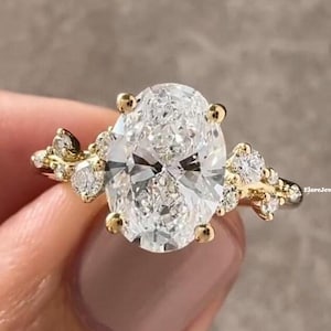 3 CT Oval Moissanite Engagement Ring: 14K Yellow Gold Cluster Bridal Ring