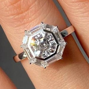 Asscher Cut Moissanite Engagement Ring: 14K Gold Halo Pave Setting