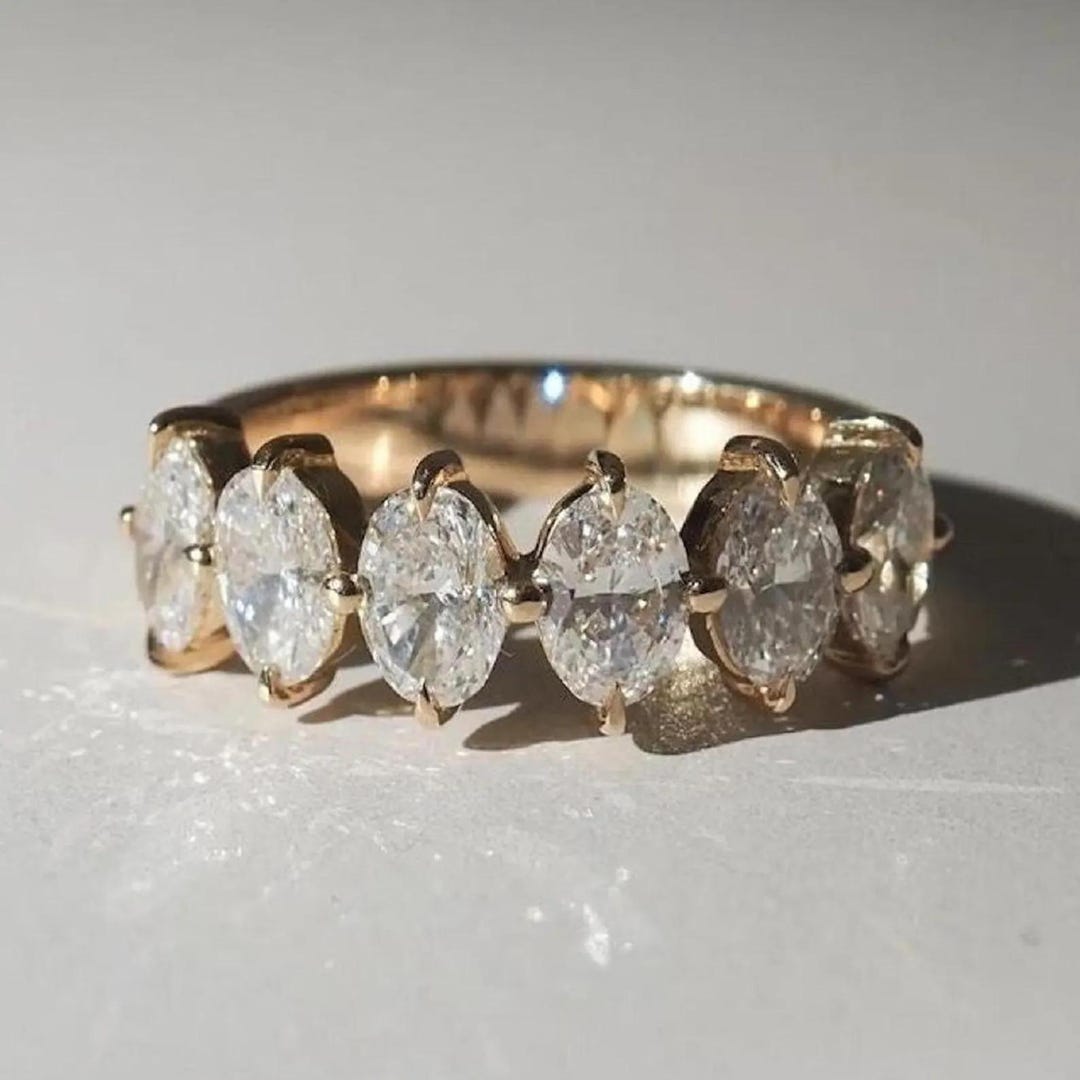 Antique Oval Moissanite Wedding Band: 14k Gold Half Eternity Ring - Etsy