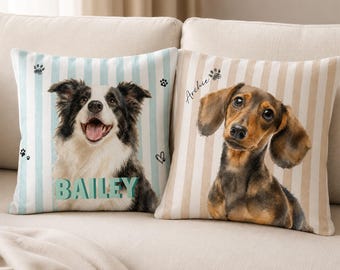 May include: Two square throw pillows featuring dog portraits. The left pillow has a black and white Border Collie with the name BAILEY and paw prints on light blue stripes. The right pillow has a brown Dachshund with the name Archie and paw prints on beige stripes.