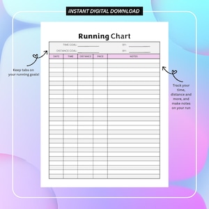 Könnte beinhalten: Ein druckbares Lauftabelle mit dem Titel "Running Chart". Es enthält Abschnitte für Datum, Zeit, Distanz, Tempo und Notizen. Der Text "Instant Digital Download" steht oben. Entworfen, um Laufziele zu verfolgen.