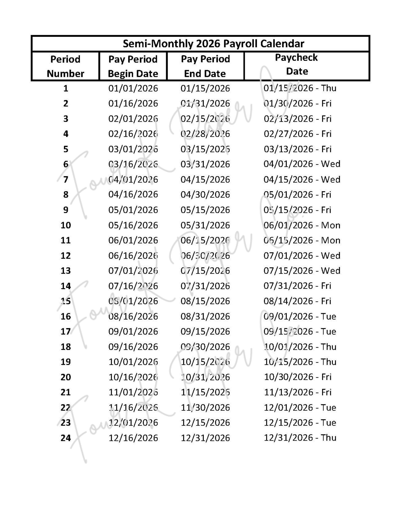 2026 Semi-monthly Payroll Calendar | Printable Pay Period Schedule (PDF