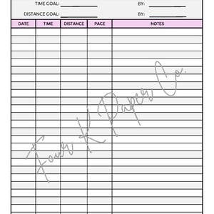 May include: A white Running Chart with a pink header and column titles. The chart includes sections for time, distance, pace, and notes. The text "Running Chart" is at the top. The chart is designed for tracking running goals.