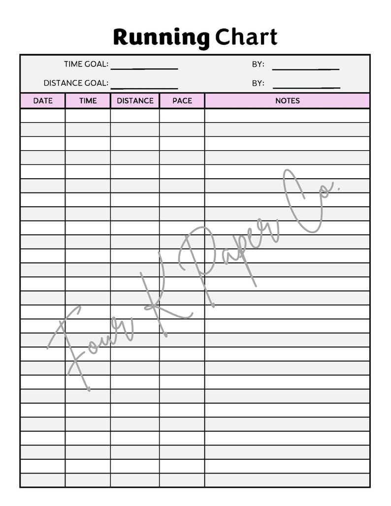 May include: A white Running Chart with a pink header and column titles. The chart includes sections for time, distance, pace, and notes. The text "Running Chart" is at the top. The chart is designed for tracking running goals.