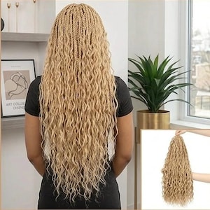 May include: A long, blonde hair extension piece featuring a combination of tight braids at the top and loose, wavy strands throughout the length. The hair is light golden in color and displays a textured, layered appearance with a consistent wave pattern.