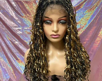 Mixed Blonde Locs X Box Boho Braids Curly Hair Glueless Lace Frontal Wigs Synthetic Braided Dreadlocks Kanekalon Hair Full Lace Wig Unit