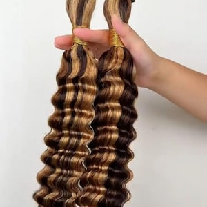 Deep Wave Braiding Hair Extensions: Highlight Brown Curly Human Hair Bulk Braids 4/27 For Women Summer Braiding