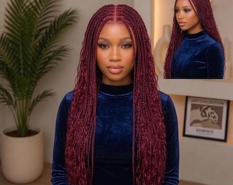 Burgundy Curly Full Lace Wig for Black Women 3 Locs X Box Boho Braids wavy Hair Glueless Synthetic Braided Dreadlocks Kanekalon Hair
