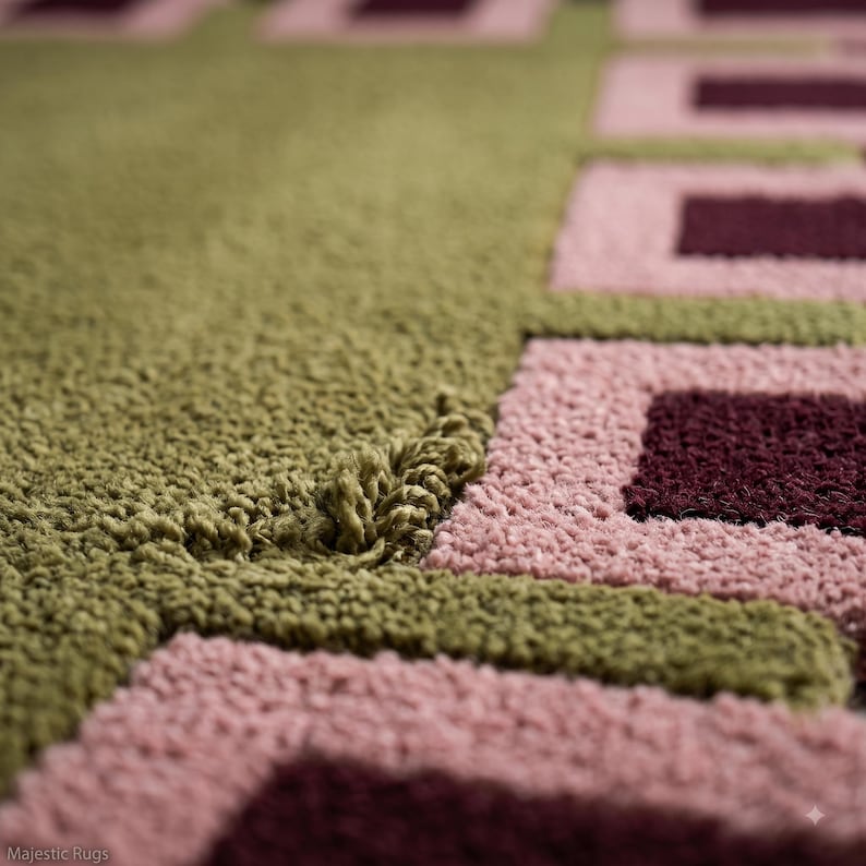Pu&ograve; includere: Un tappeto trapuntato con un motivo geometrico di quadrati verde oliva, rosa chiaro e bordeaux intenso. La superficie presenta una struttura a pelo riccio testurizzato con anelli di filato visibili e una finitura densa e morbida. Il testo Majestic Rugs &egrave; visibile.